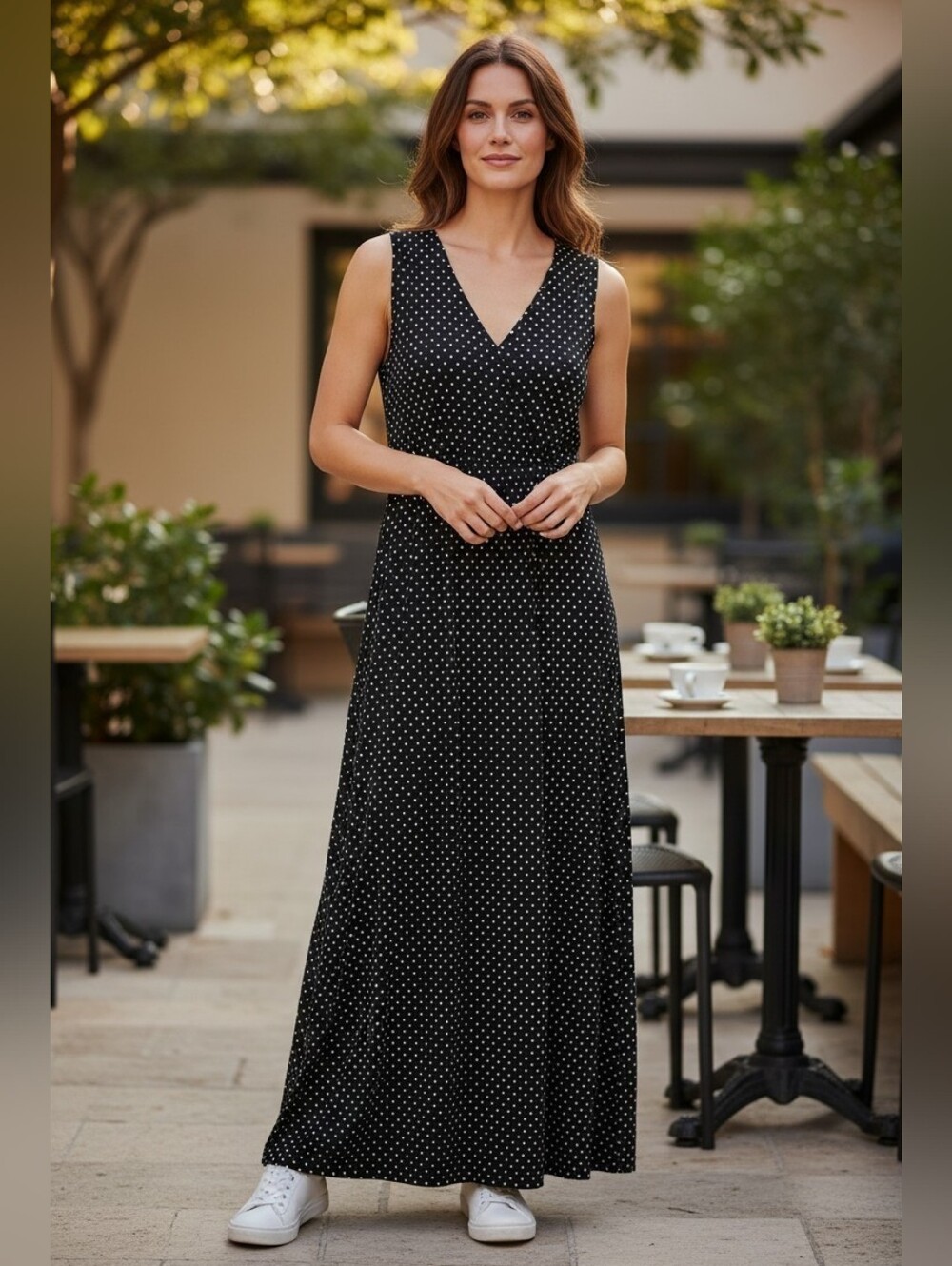 L. L. Bean Polka Dot Maxi Dress Side Vents Sleeveless Sz XL Picnic Brunch